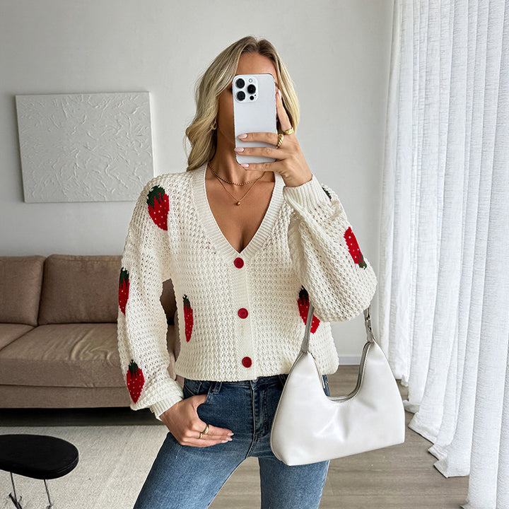 Ladies Sweet Knit Cardigan with Strawberry Motif Mune Fashion