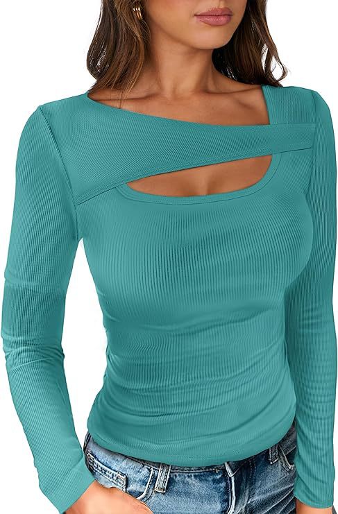 Women's Ribbed Long Sleeve Shirt with Asymmetrical Off-Shoulder Neckline and Chest Cut-Out Mune Fashion