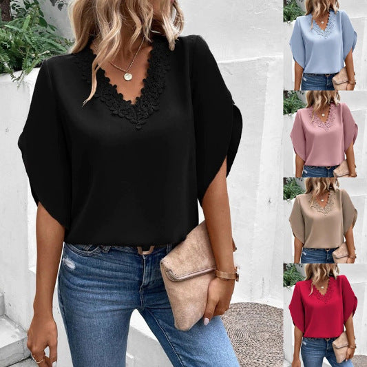 Women's Elegant V-neck Blouse with Floral Lace Edge and Batwing Sleeves Mune Fashion
