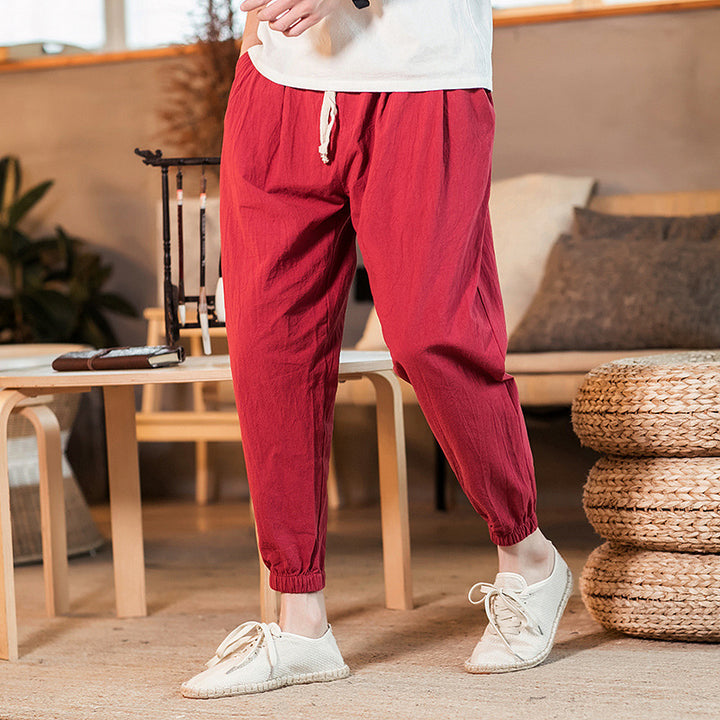Men's lightweight cotton-linen jogging pants with drawstring elastic cuffs and side pockets Mune Fashion