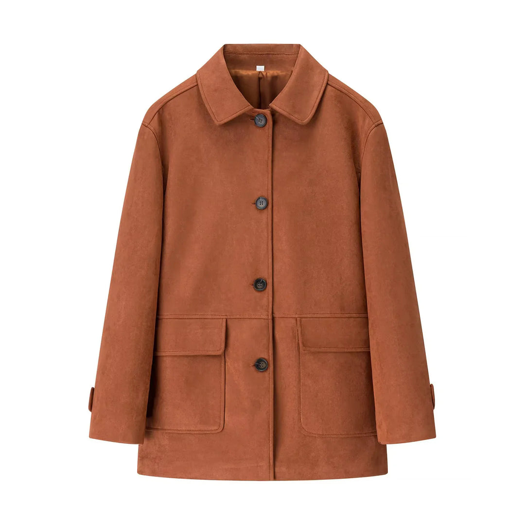 Ladies elegant velvet coat with shirt collar, patch pockets, and straight cut Mune Fashion