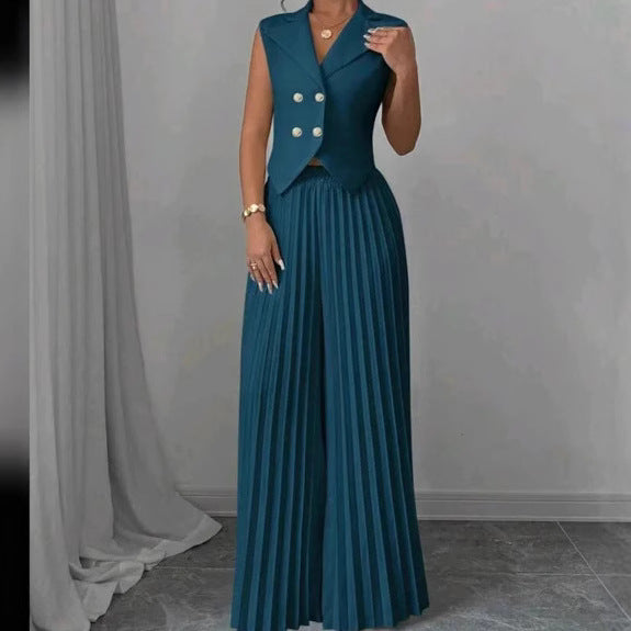 Women's Sleeveless Vest Blazer Top with Lapel and Pleated Palazzo Pants Two-Piece Evening Set Mune Fashion