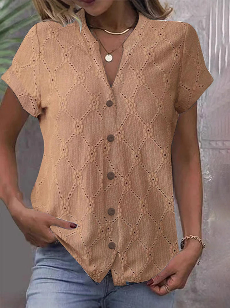 Women's short-sleeved embroidery blouse with V-neck and continuous button placket Mune Fashion