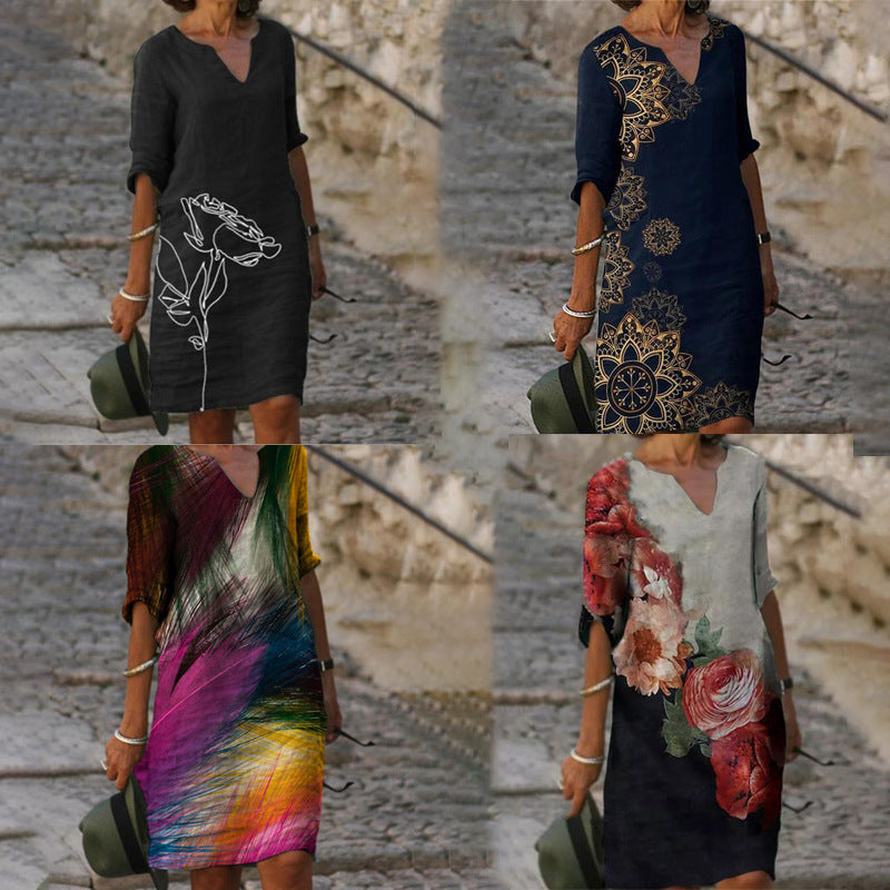 Ladies casual linen dress with V-neck and floral all-over pattern, knee-length with three-quarter sleeves Mune Fashion