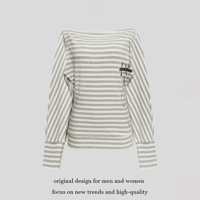 Women's Figure-hugging Striped Long Sleeve Shirt with Wide Boat Neck and Cropped Batwing Sleeves Mune Fashion