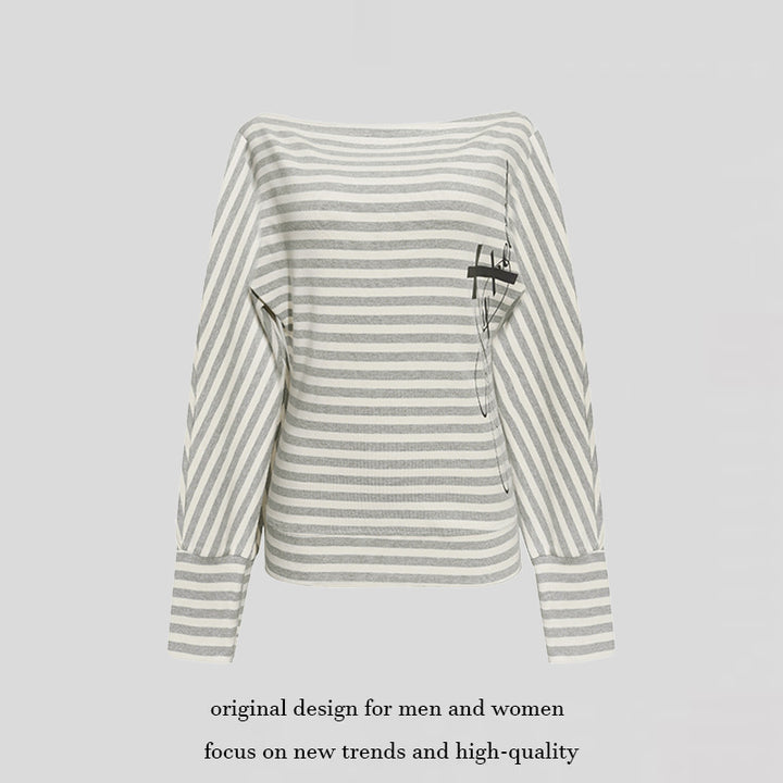 Women's Figure-hugging Striped Long Sleeve Shirt with Wide Boat Neck and Cropped Batwing Sleeves Mune Fashion