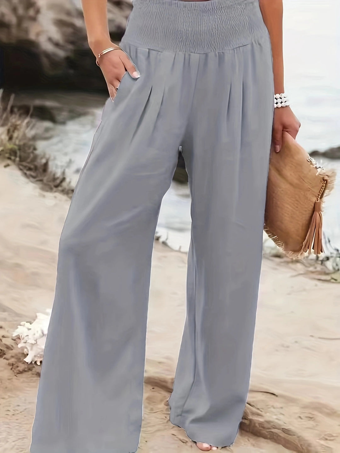 Women's Wide Linen Pants with Smocked Band and Side Pockets Mune Fashion