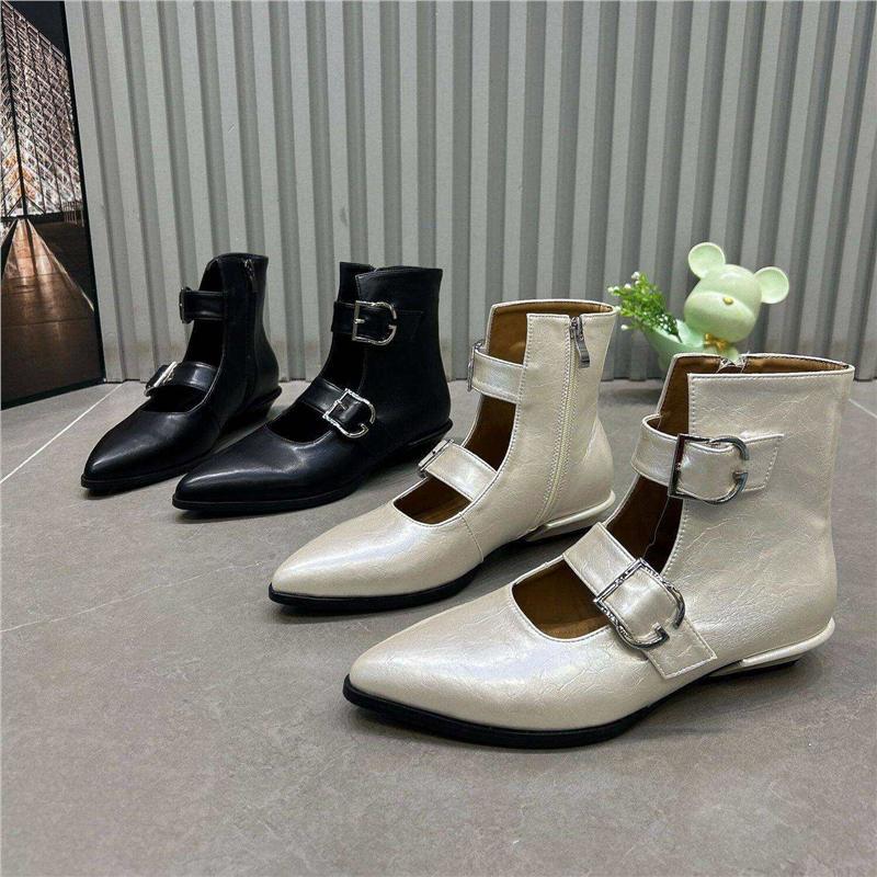 Women’s pointed toe ankle boots with double straps, buckles and low block heel Mune Fashion