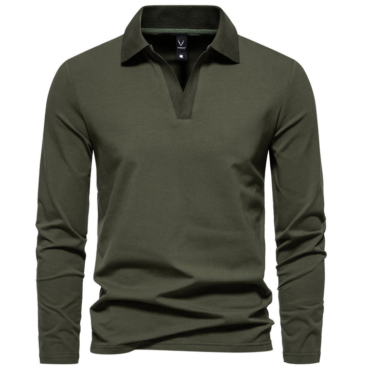 Men's long sleeve polo with open V-neck, fine ribbed collar and slim silhouette Mune Fashion