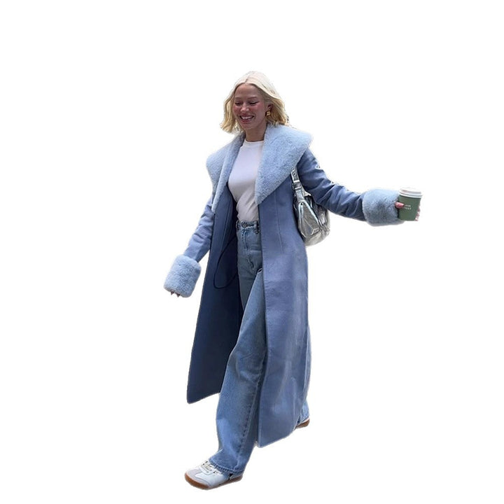 Women Elegant long-cut coat made of velour look with voluminous faux fur shawl collar Mune Fashion