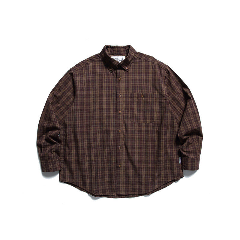 Men's Oversized Checkered Button-Down Shirt with Chest Pocket and Rounded Hem Mune Fashion
