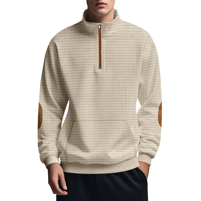 Men's quilted half-zip sweatshirt with stand-up collar, kangaroo pocket, and faux leather elbow patches Mune Fashion