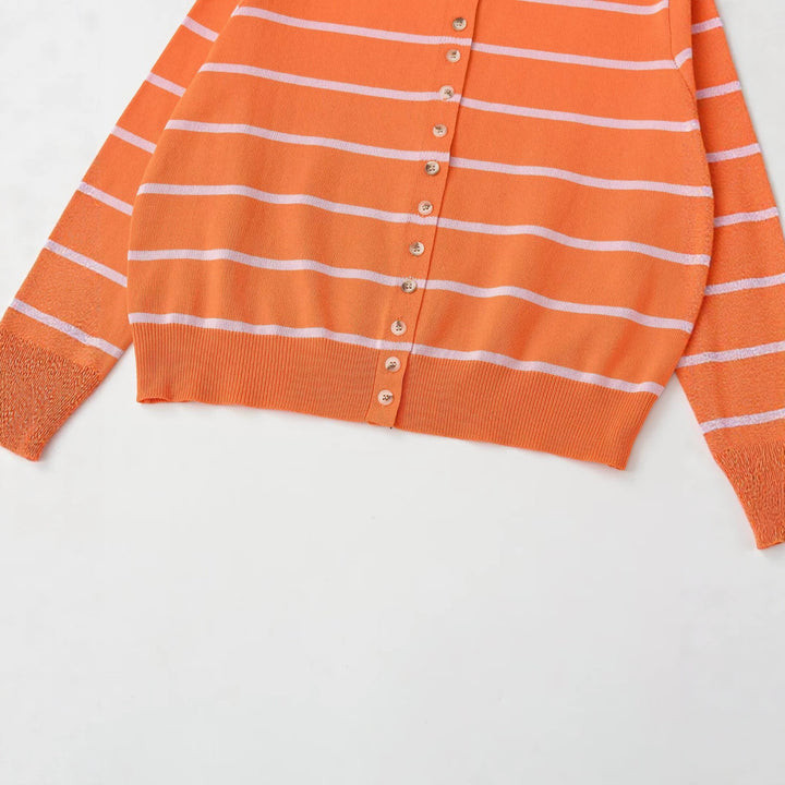 Women's fine knit cardigan short cut with button placket and striped pattern Mune Fashion