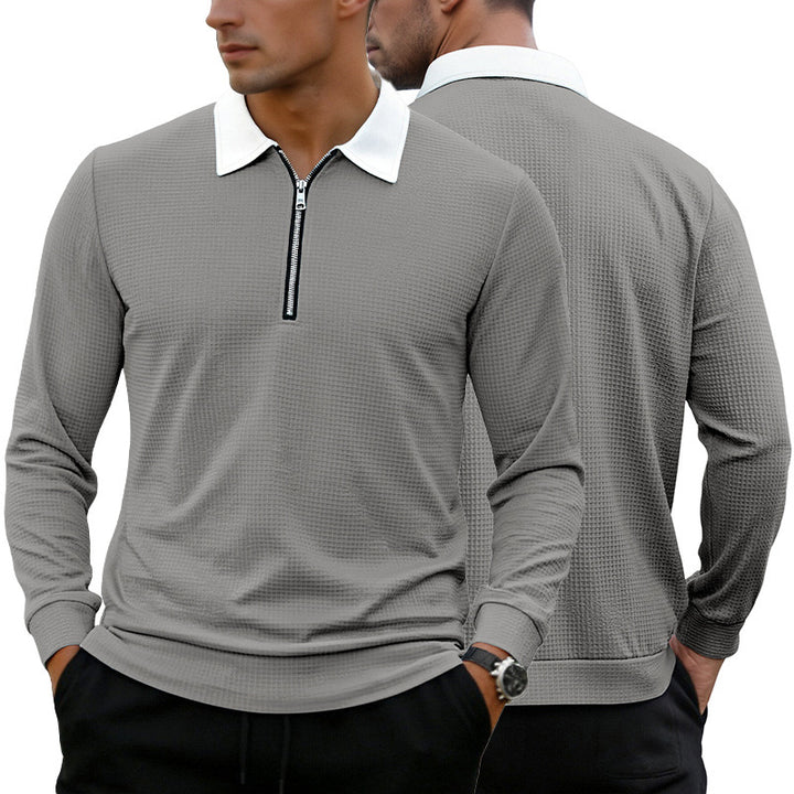 Men's Elegant Waffle Structure Polo Shirt with Half Zip and Contrast Collar Mune Fashion