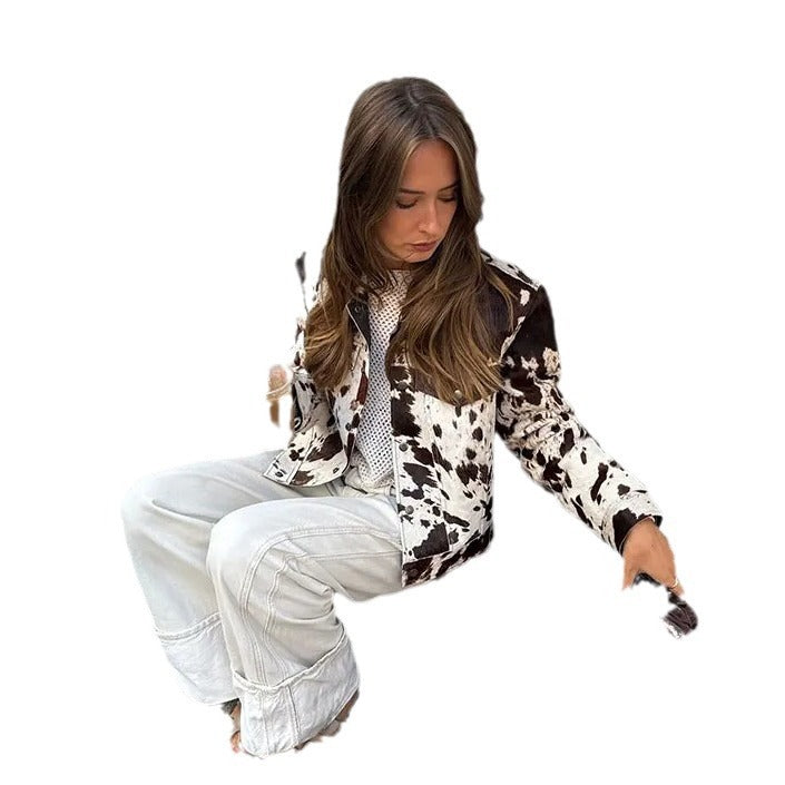 Women Short Cut Western-Inspired Jacket with Cow Spot Faux Fur and Chest Pockets Mune Fashion