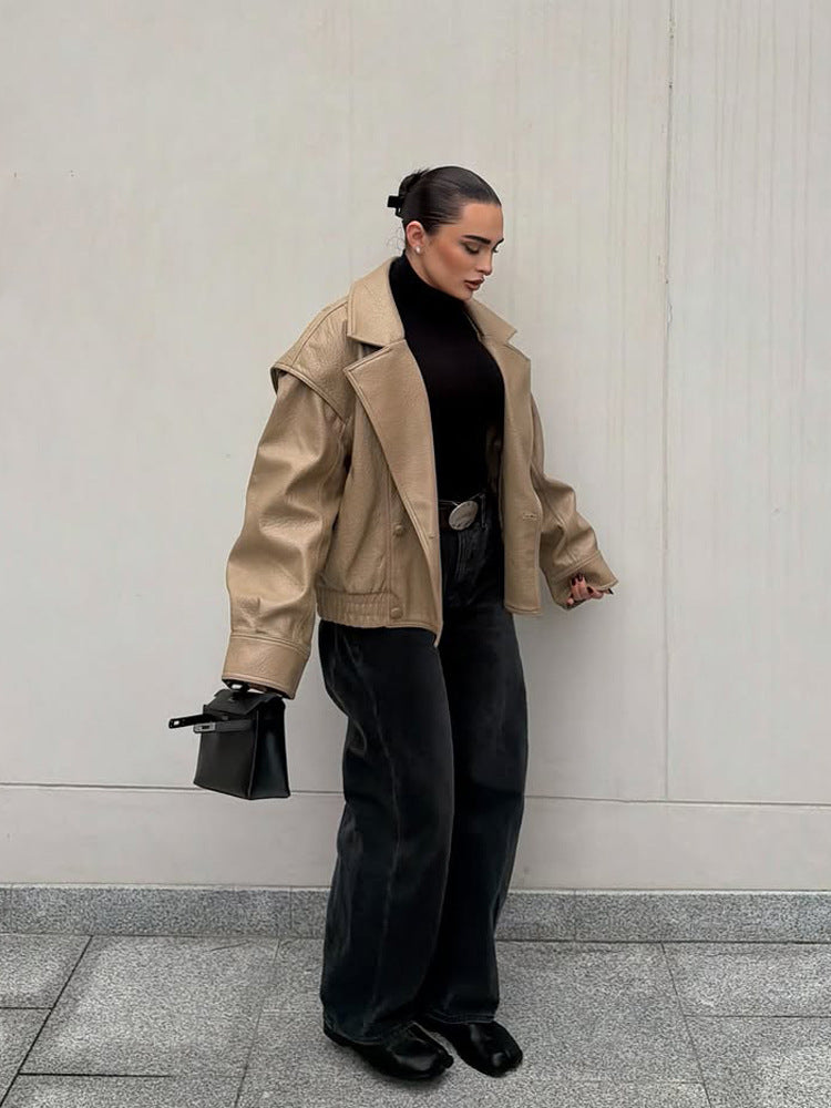 Women Oversize Faux Leather Bomber Jacket with Boxy Cut and Wide Lapel Mune Fashion