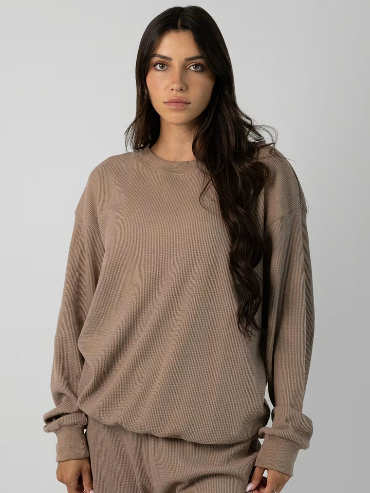 Ladies spacious waffle knit loungewear set with round neck and drawstring pants Mune Fashion