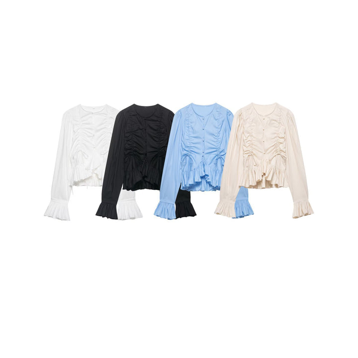 Women Ruffled Blouse with Drawstring, Balloon Sleeves and Ruffle Hem Mune Fashion