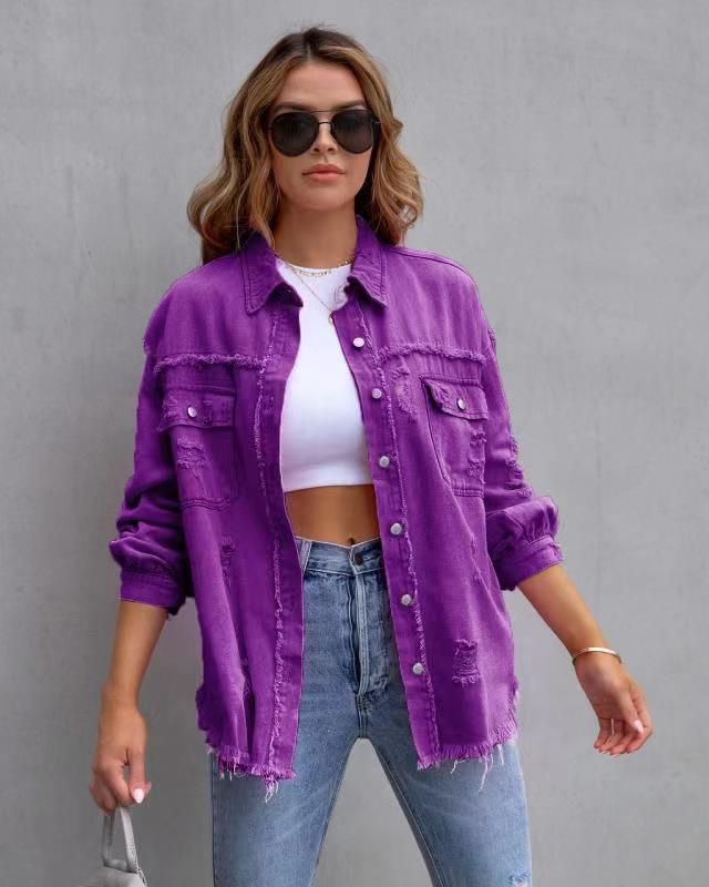 Women's oversized utility denim shirt jacket with fringe trim and patch pockets Mune Fashion