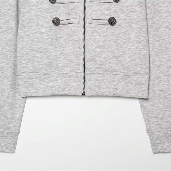 Women's Cropped Sweat Jacket in Military Look with Stand-up Collar and Decorative Button Placket Mune Fashion