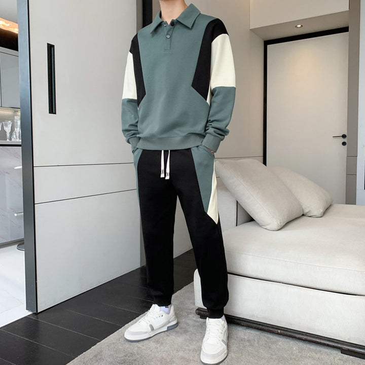 Men's Two-Piece Colorblock Tracksuit with Polo Collar & Tapered Jogging Pants Mune Fashion
