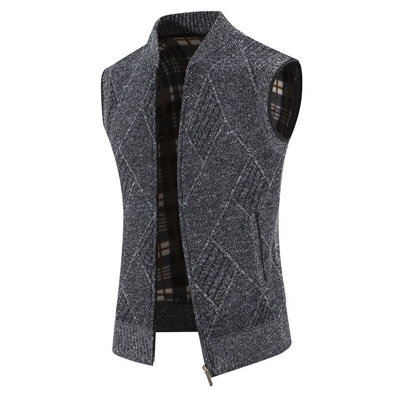 Men's sleeveless knitted vest with padded lining, full-length zipper, and structured weave look Mune Fashion