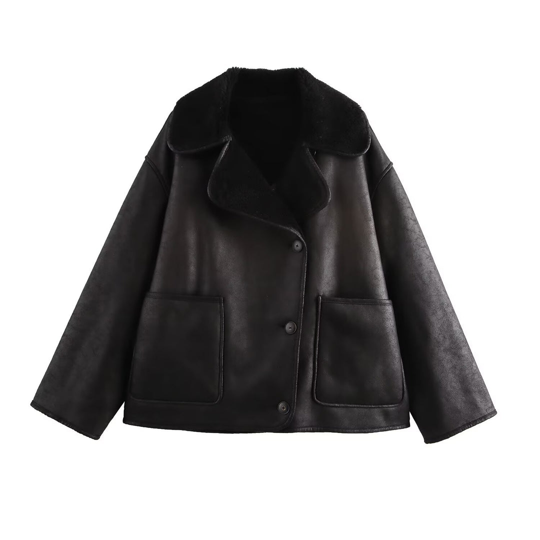 Women's Short Cut Oversized Faux Shearling Coat with Teddy Collar Mune Fashion