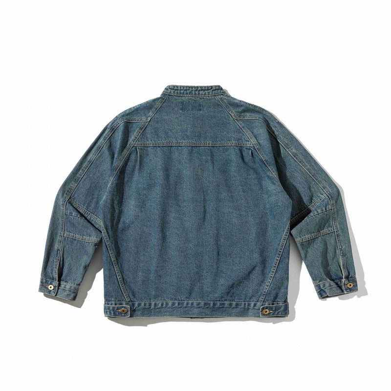 Unisex Boxige Denim Jacket in Worker Look with Stand Collar, Raglan Sleeves and Chest Welt Pocket Mune Fashion