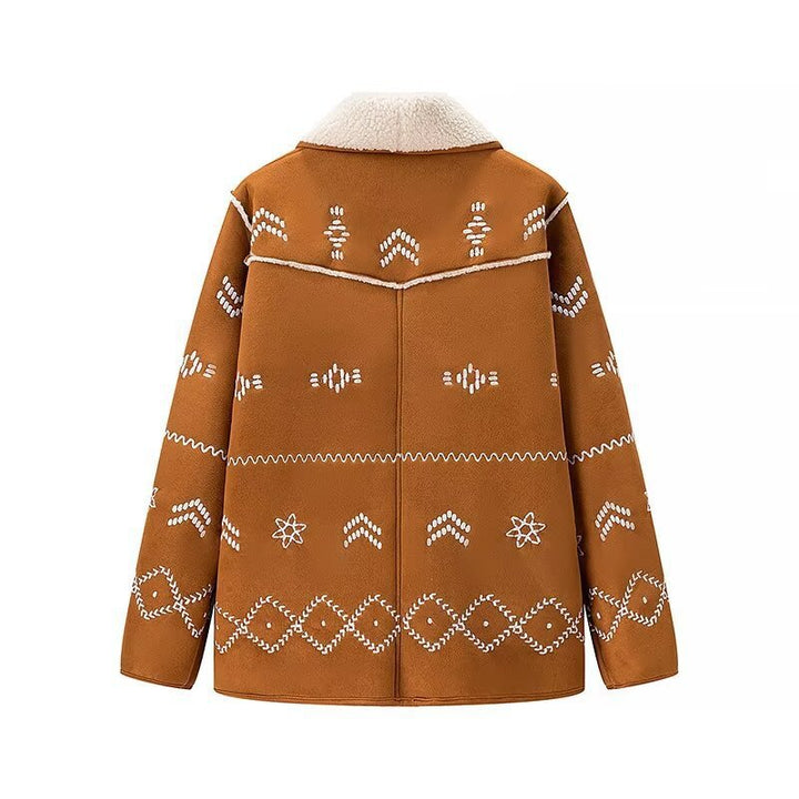 Women's Short Suede Jacket with Teddy Lining and Decorative Embroidery Mune Fashion