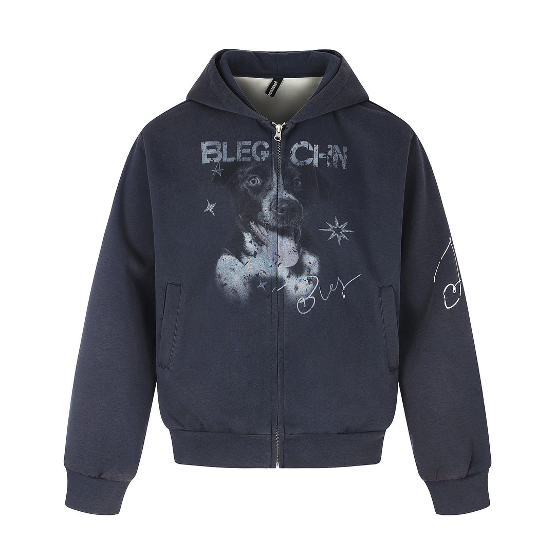 Unisex Short Cut Hooded Zip Jacket with Graphic Dog Print and Ribbed Hem Mune Fashion
