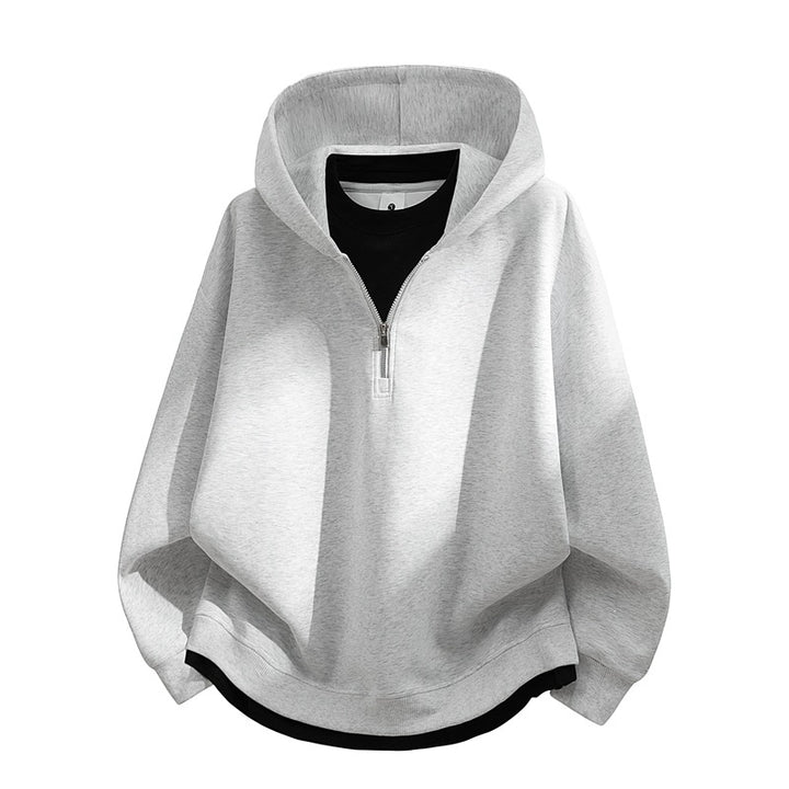 Unisex Oversize-Halfzip-Hooded Sweatshirt with Layered Look, Rounded Hem & Ribbed Cuffs Mune Fashion