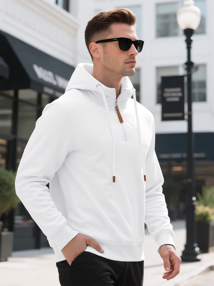 Men's Half-Zip Hooded Sweatshirt with Stand-Up Collar, Drawstring and Leather Details Mune Fashion