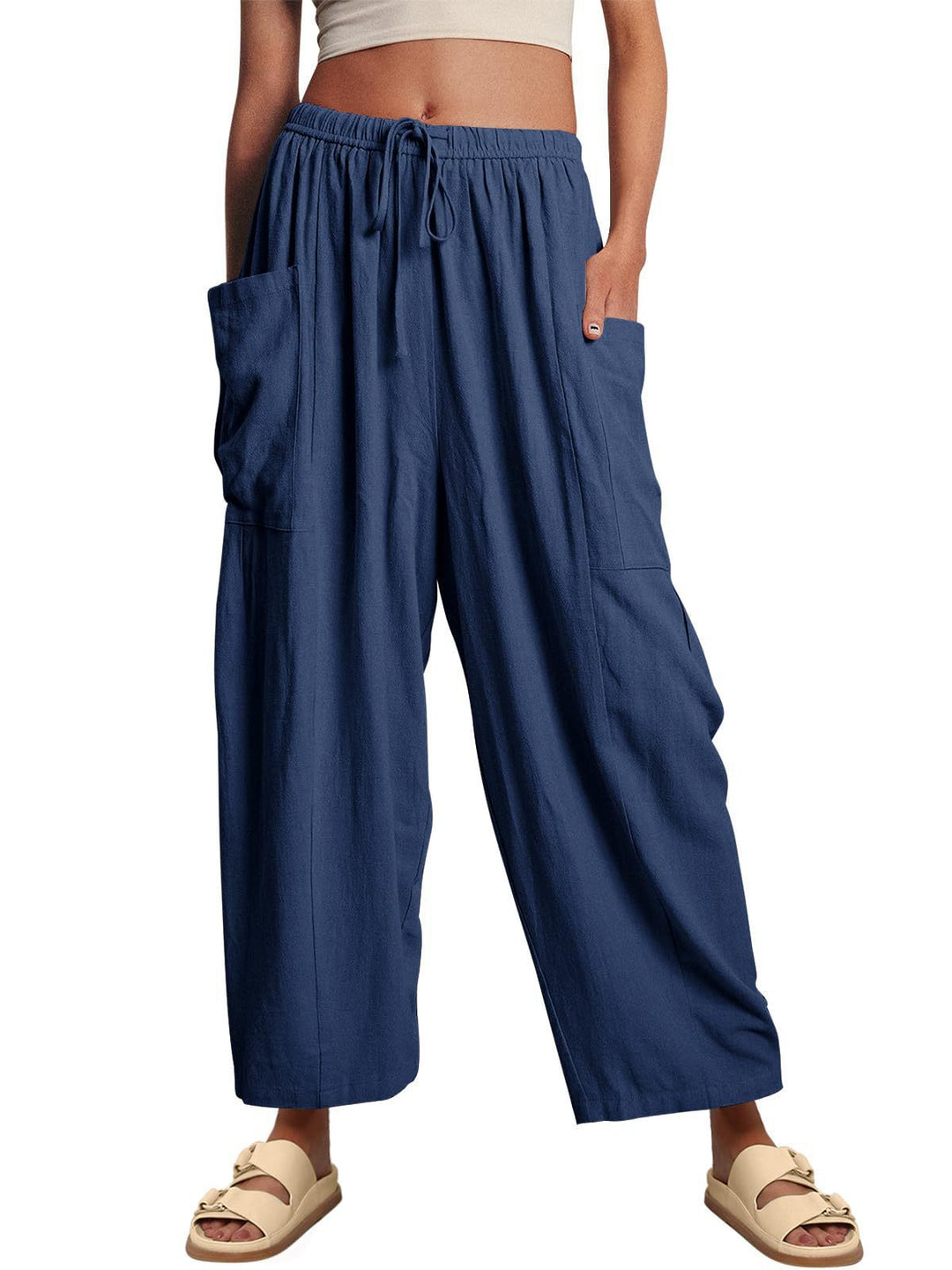 Women's wide palazzo pants made from a lightweight linen blend with drawstring and side pocket Mune Fashion