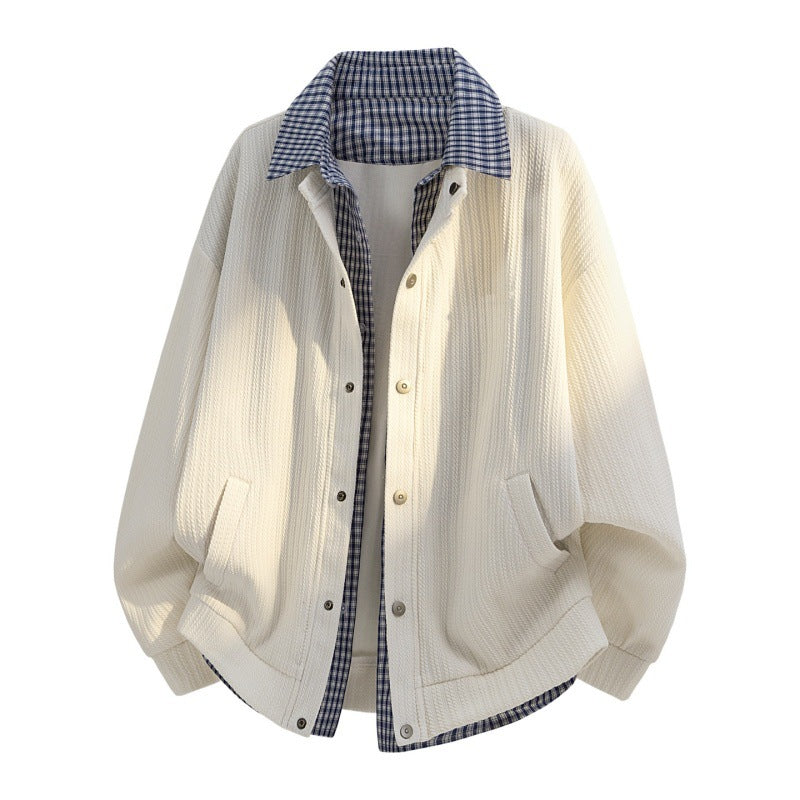 Men's casual knitted overshirt jacket with plaid shirt collar and snap button placket Mune Fashion