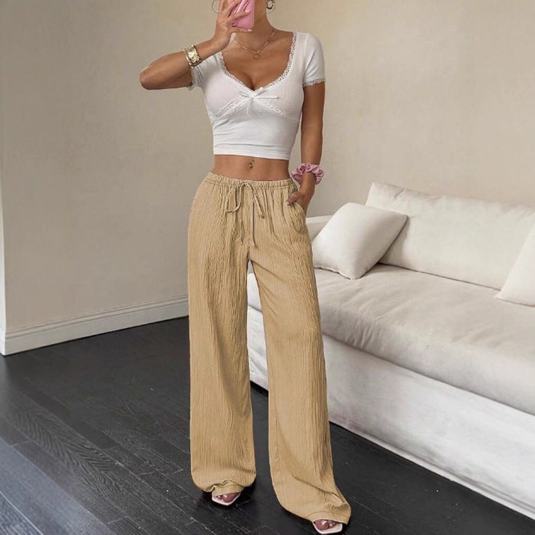 Ladies Wide Pleated Palazzo Pants with Elastic Waistband and Drawstring Mune Fashion