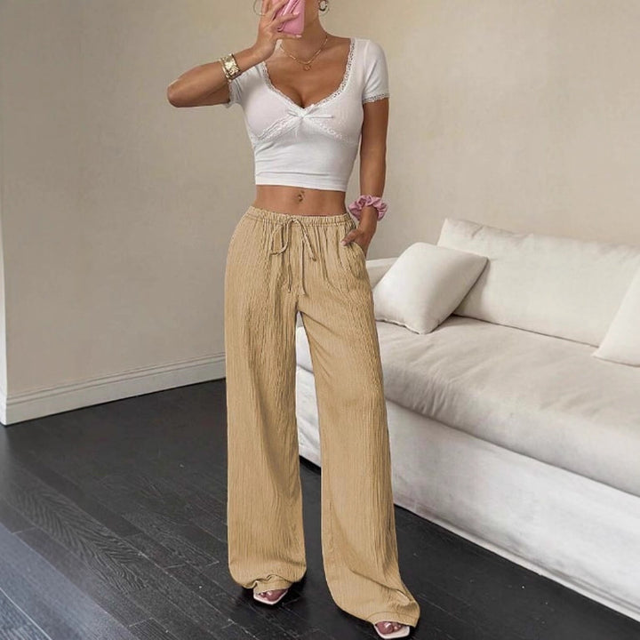 Ladies Wide Pleated Palazzo Pants with Elastic Waistband and Drawstring Mune Fashion