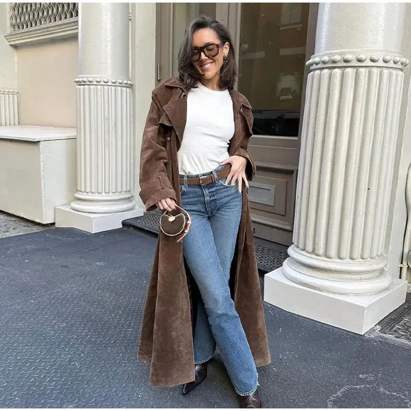 Women's 100+ long suede trench coat with waist belt and double-breasted Mune Fashion