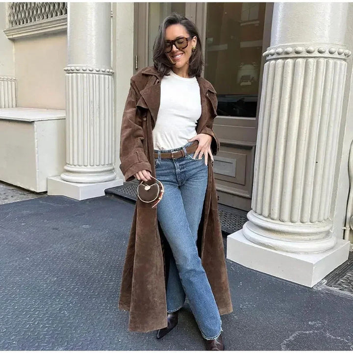 Women's 100+ long suede trench coat with waist belt and double-breasted Mune Fashion