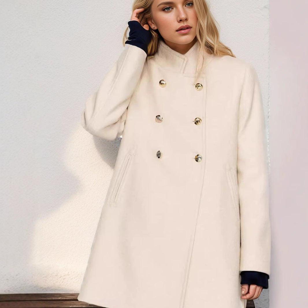 Ladies Double-Breasted Mini Coat with Stand Collar and Decorative Metal Buttons Mune Fashion