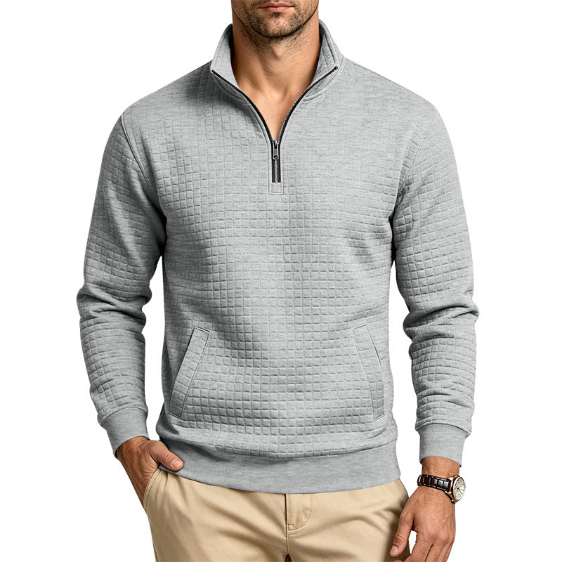 Men's Structured Stand Collar Half Zip Sweatshirt with Checkered Pattern and Kangaroo Pocket Mune Fashion