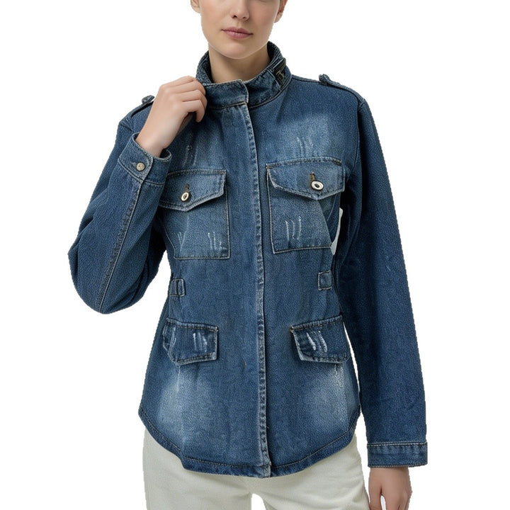 Women's tailored military denim jacket with stand-up collar, flap pockets and subtle used details Mune Fashion
