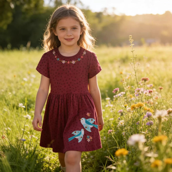 Girls cotton dress with cute bird and flower embroidery Mune Fashion