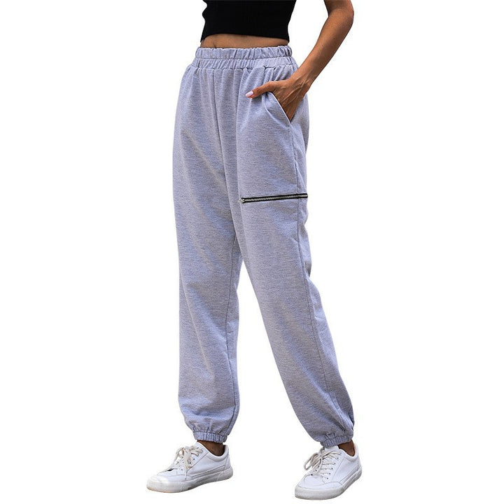 Women's Casual High-Waist Sweatpants with Zipper Pocket and Elastic Hem