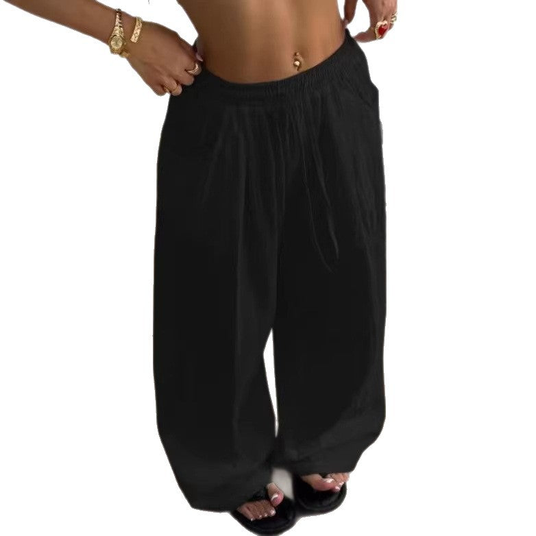 Women's wide linen-like lounge pants with elastic waistband and drawstring Mune Fashion