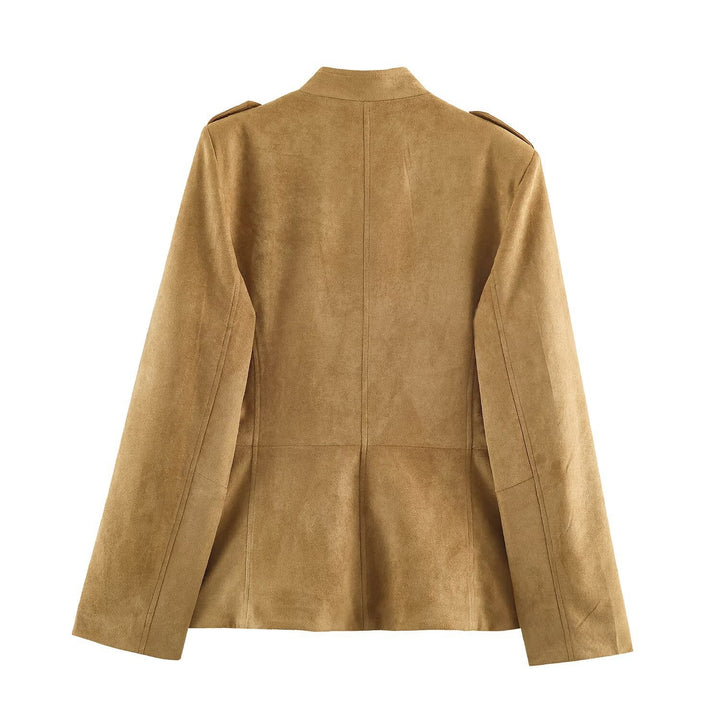 Women's Tailored Velour Jacket in Field Style with Stand-Up Collar and Chest Flaps Mune Fashion