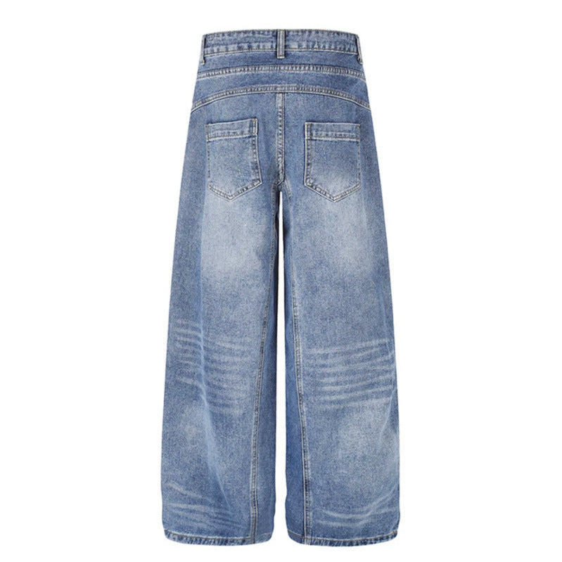 Women's jeans pants with wide culotte cut, asymmetrical double waistband and contrast side panels Mune Fashion