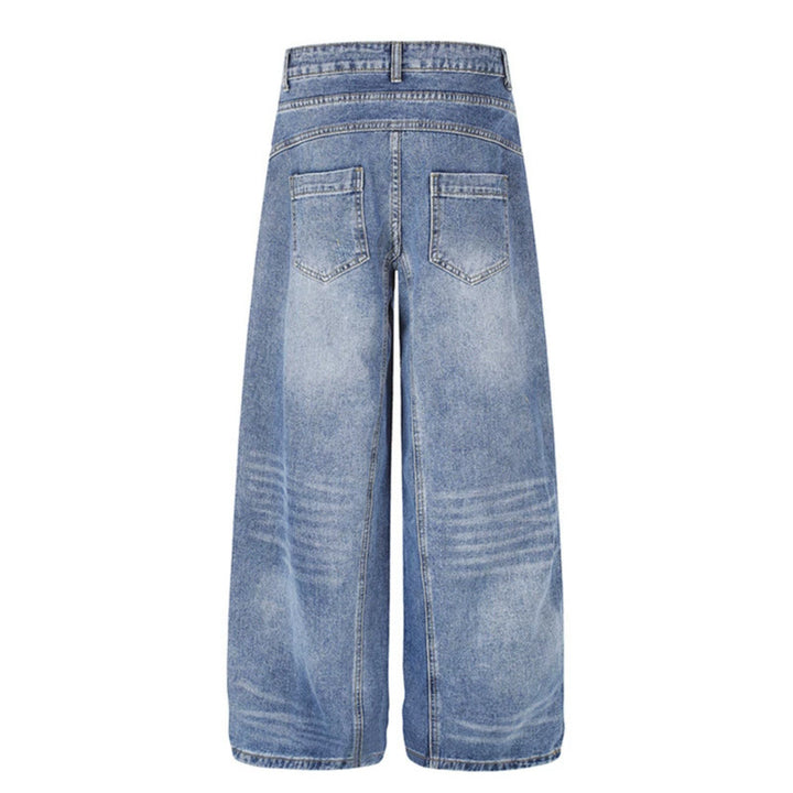 Women's jeans pants with wide culotte cut, asymmetrical double waistband and contrast side panels Mune Fashion