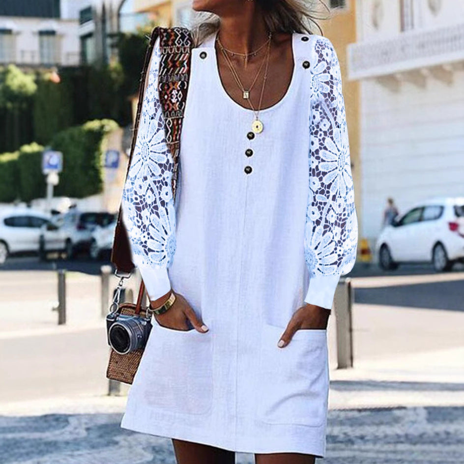 Women's relaxed linen mini dress with floral crochet sleeves, U-neckline and patch pockets Mune Fashion