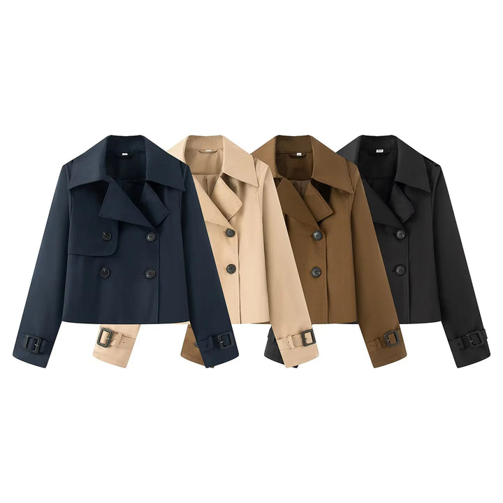 Women's short cropped trench coat with double-breasted button placket and adjustable sleeve straps Mune Fashion