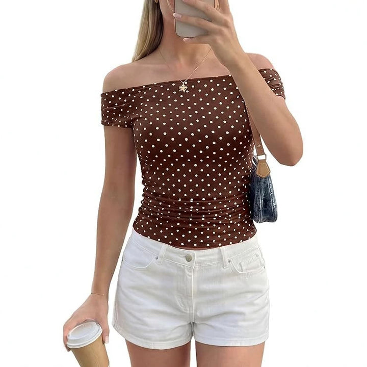 Women's Off-Shoulder Fitted Polka Dot Top with Gathered Side Seam Mune Fashion
